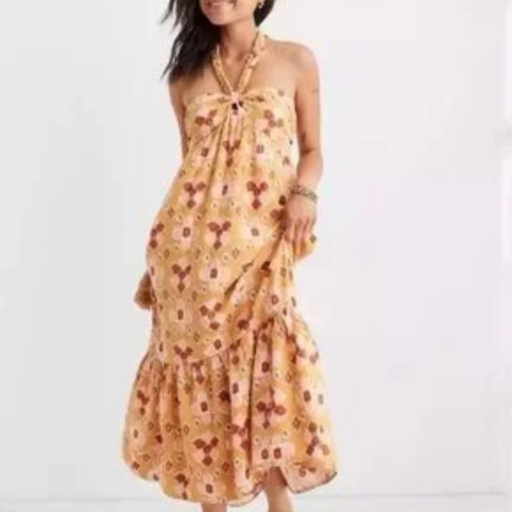 Aerie Linen Blend print Halter‎ Maxi Dress Size Large Boho